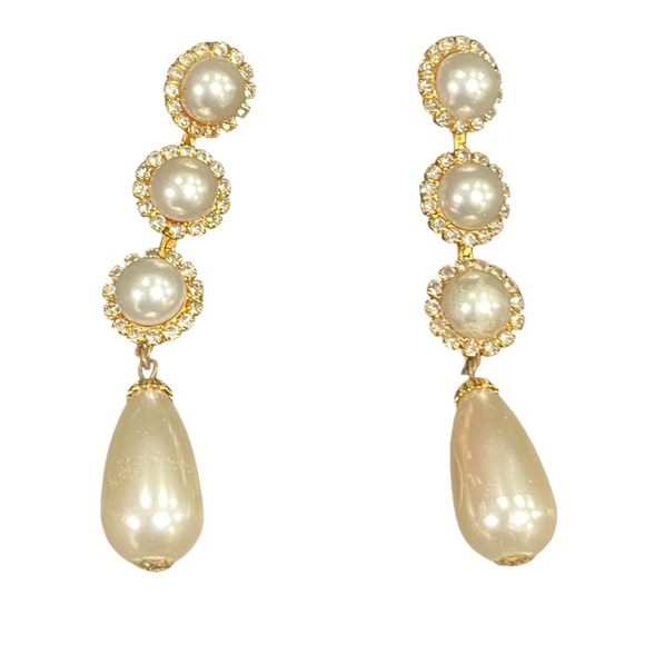 Vintage Signed Lawrence VRBA Faux Pearl Rhinestone 3.5 Dangle Pierced Earrings - Picture 1 of 16